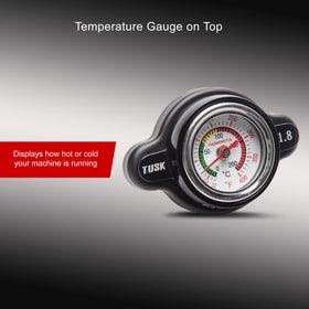 TUSK radiator cap in dirt-bike lifestyle shot highlighting temperature awareness