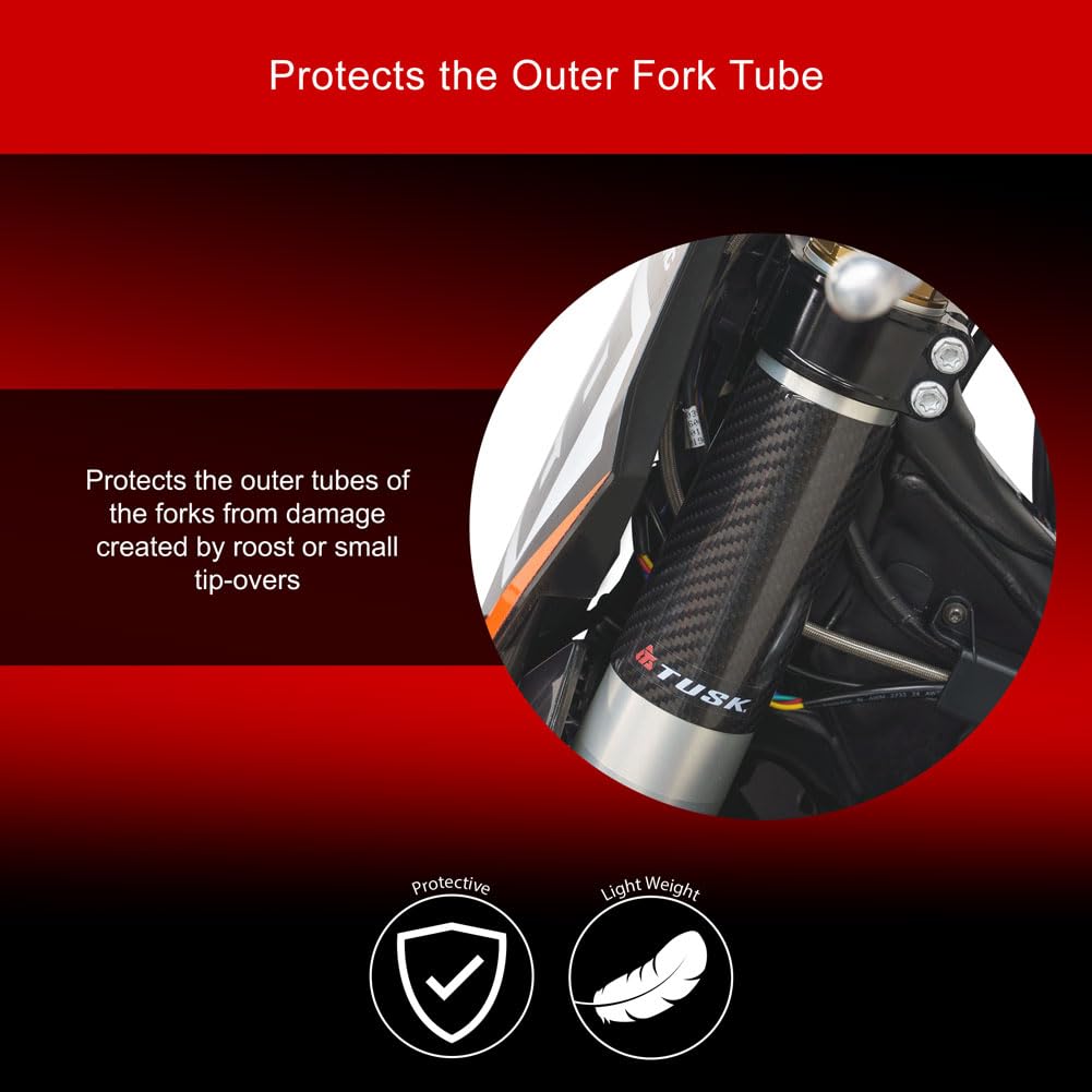 TUSK carbon wrap installed on left fork showing secure sticker placement