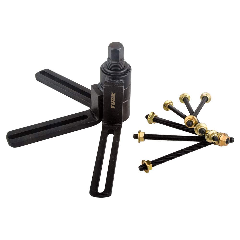 TUSK crankcase splitter front view showing adjustable arms and included bolts for safe separation