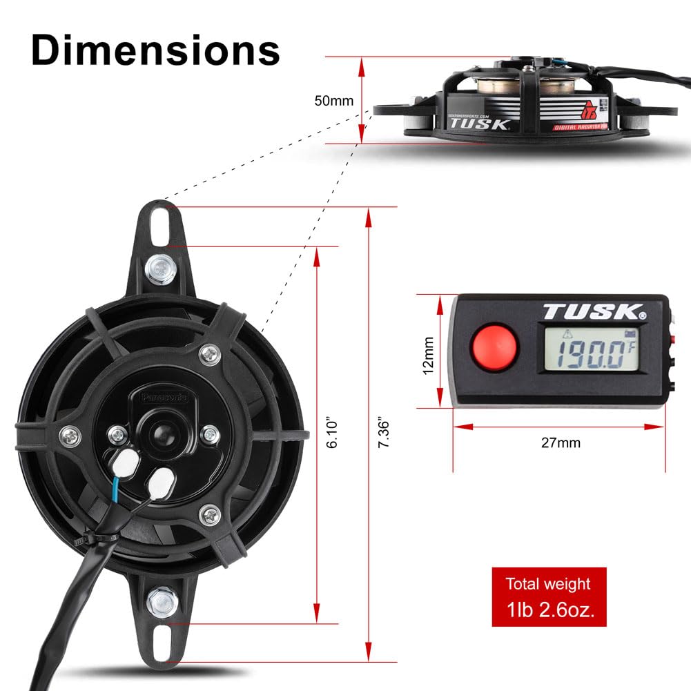 TUSK fan kit installed on a motorcycle illustrating improved low-speed cooling benefit