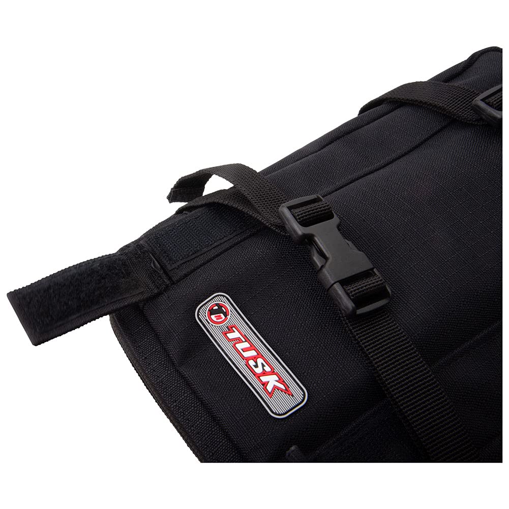 TUSK mounting hooks and poly straps securing pack for stable riding