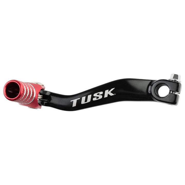 TUSK folding shift lever front view showing black body and red tip for improved visibility