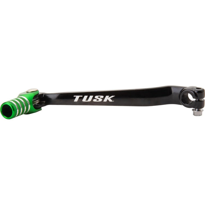 TUSK folding shift lever front view showing black body and green tip for durable replacement