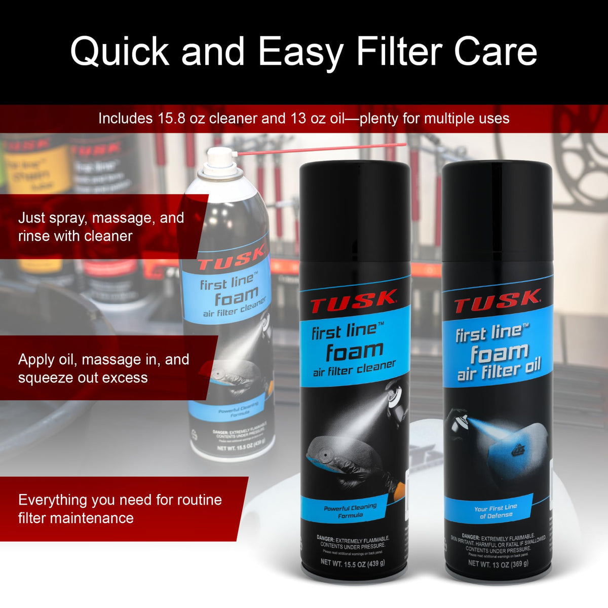 TUSK oil bottle label detail showing high-tack formula for superior dust trapping benefit