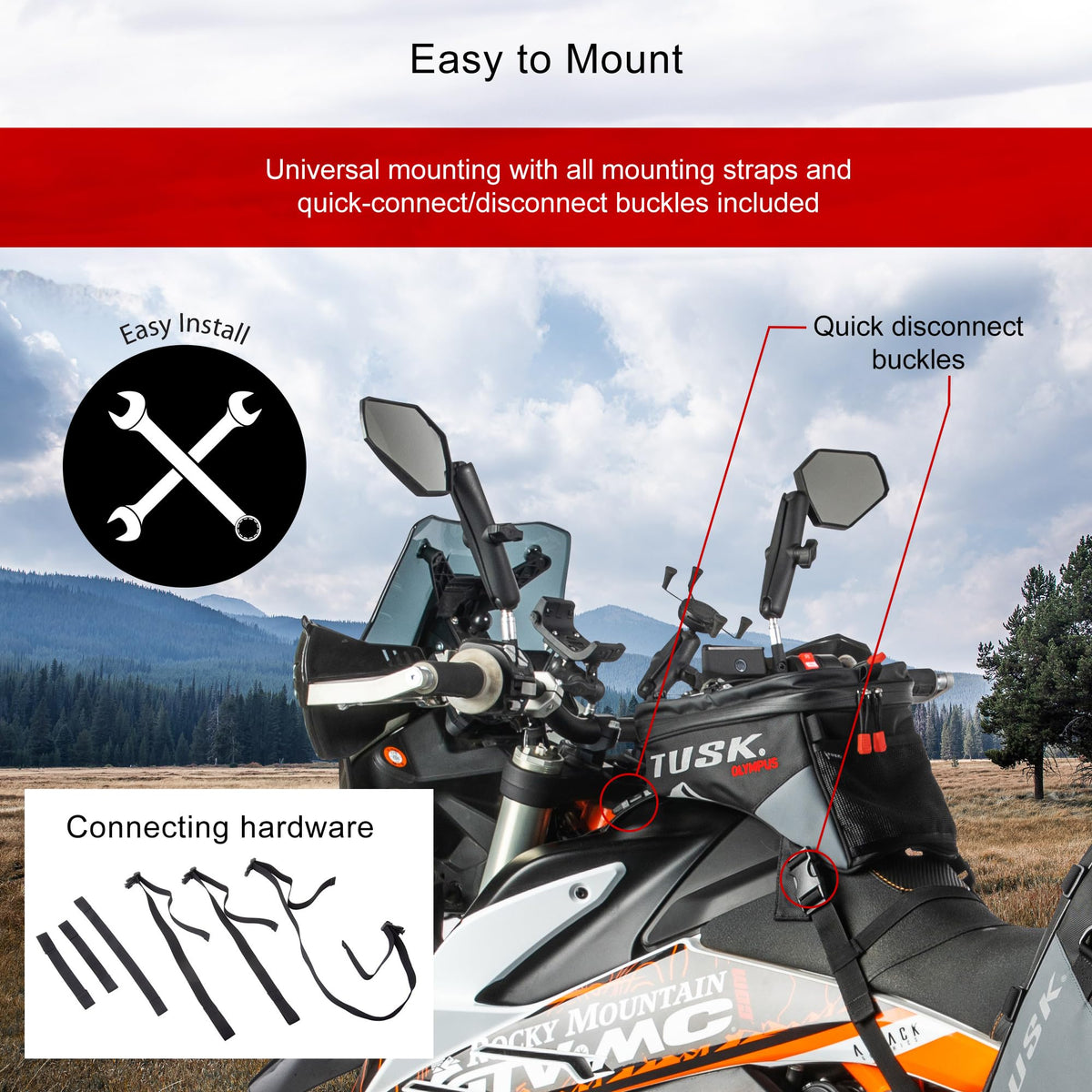 TUSK Olympus mounted on adventure bike showing secure fit advantage