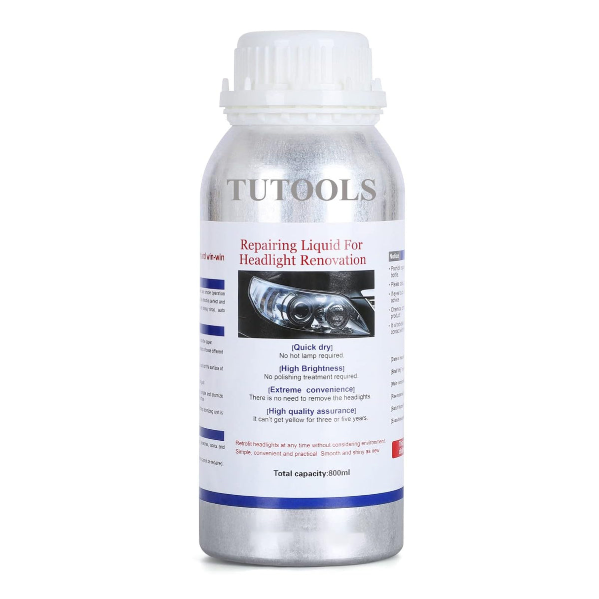 TUTOOLS front packaging bottle showing product ready for headlight restoration benefit clarity
