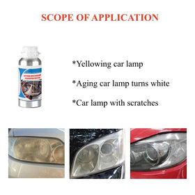 TUTOOLS bottle next to a car headlight showing 600ml scale and economical coverage