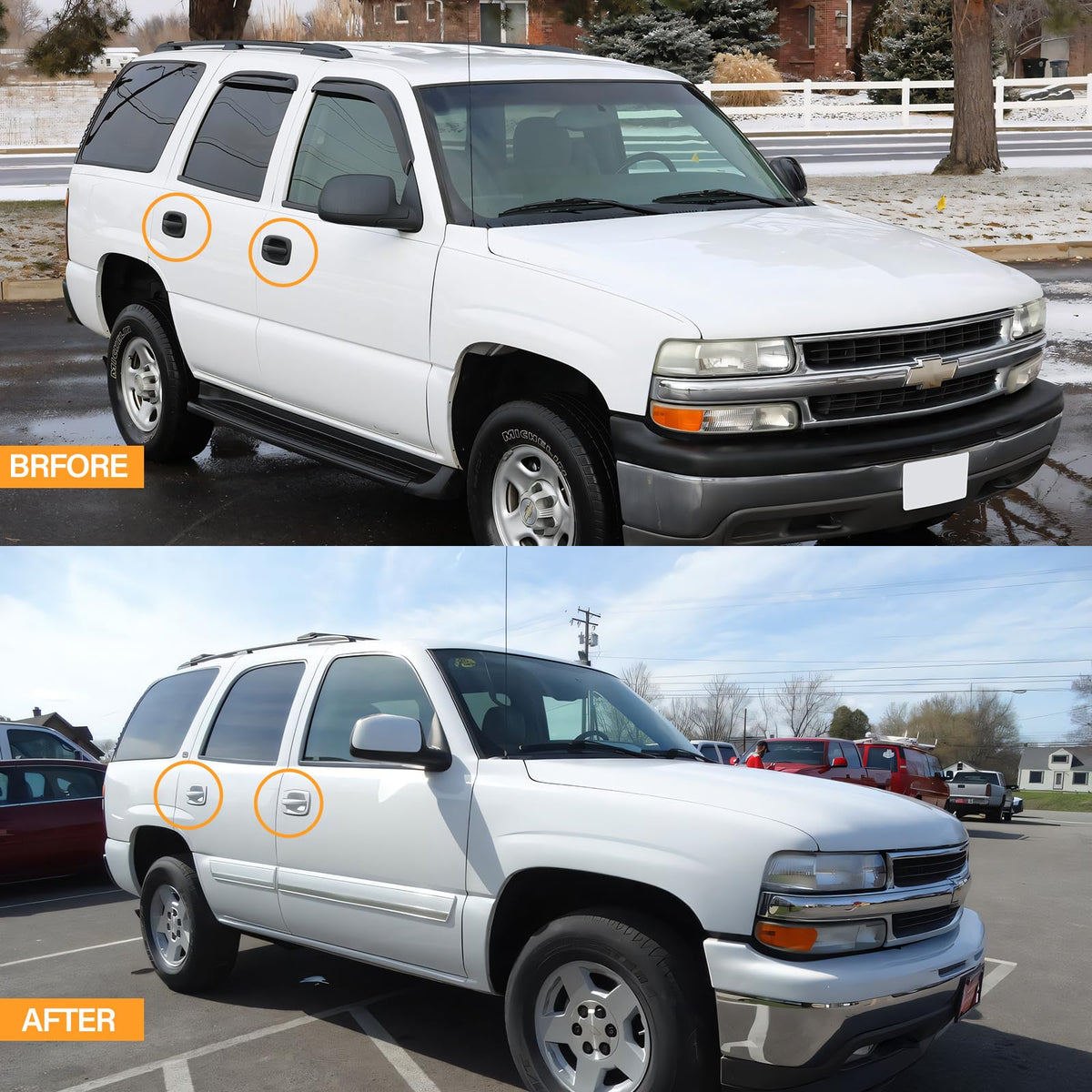 Tutor Auto before-and-after on truck door illustrating instant cosmetic upgrade benefit