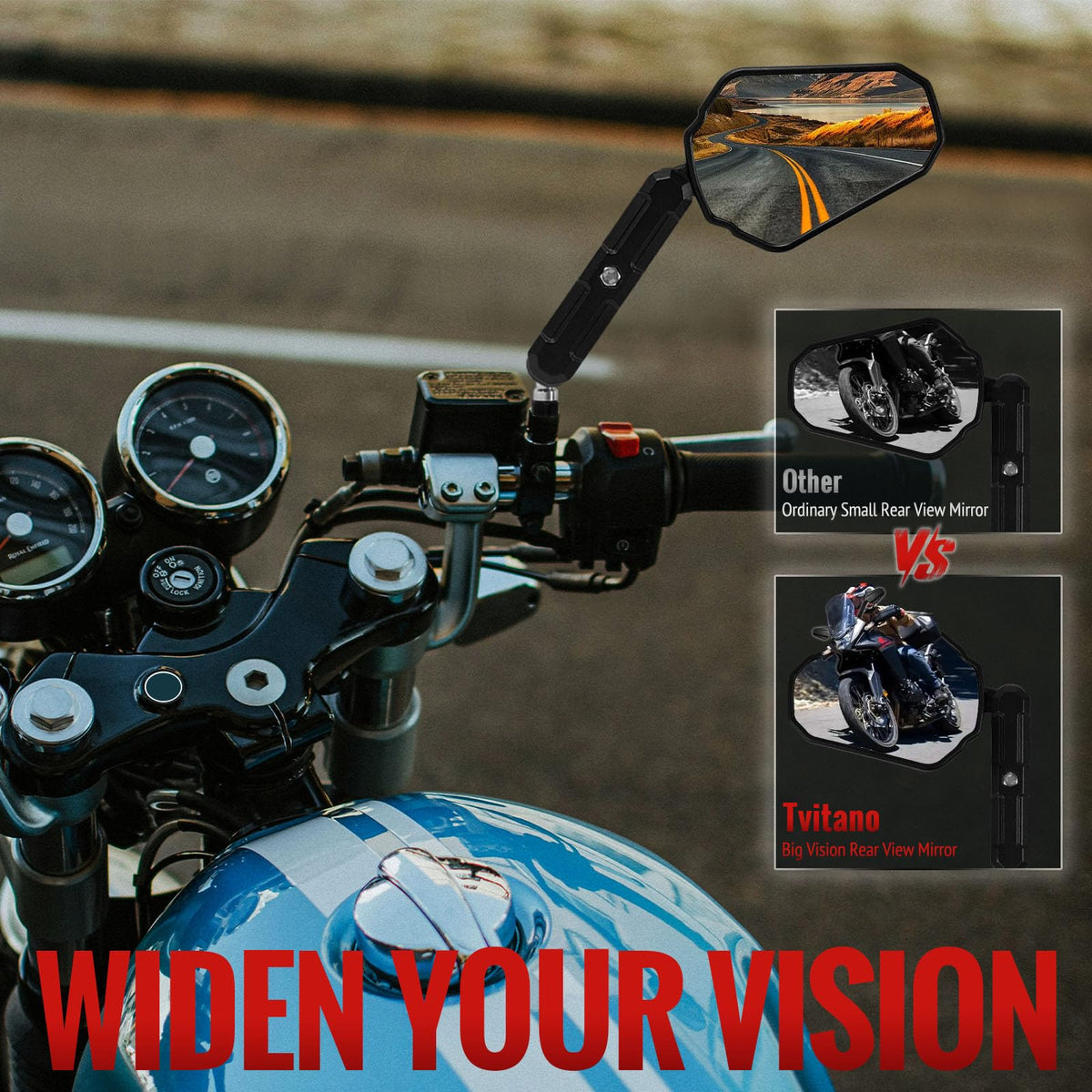 Tvitano mirror mounted on handlebar illustrating universal fit and easy install