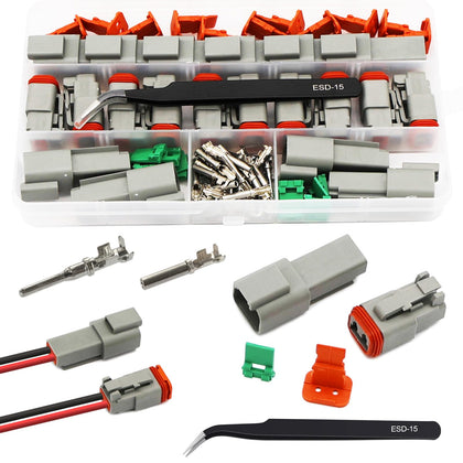 Twippo front view of 2-pin deutsch connector kit showing housings and seals for durability