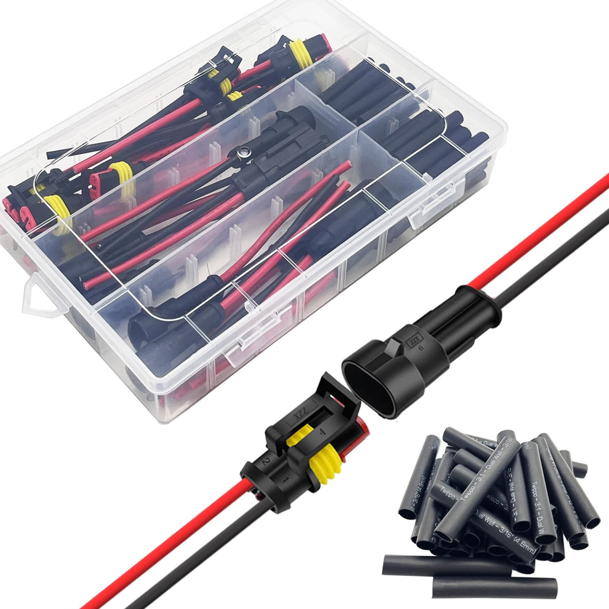 Twippo front packaging showing ten 2-pin waterproof connector sets and shrink kit for easy installation