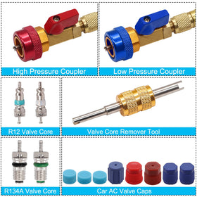 TWTADE red and blue quick couplers detail showing color-coding and quarter-turn ball valve for speed