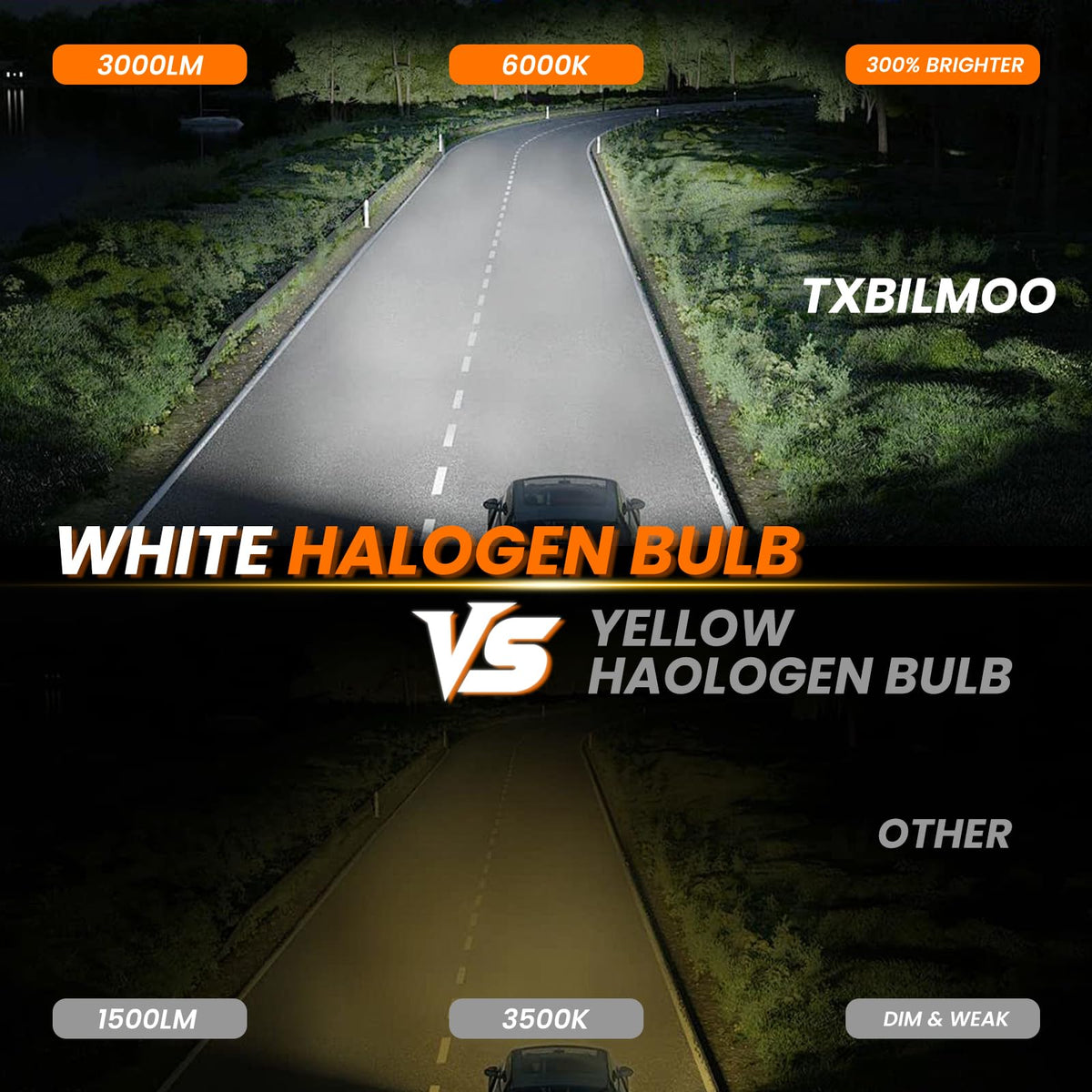 TXBILMOO night beam comparison demonstrating whiter 6000K light and improved visibility