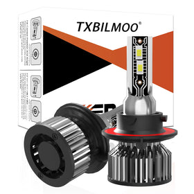 TXBILMOO front view of two 9008/H13 bulbs showing packaging and connector for easy upgrade