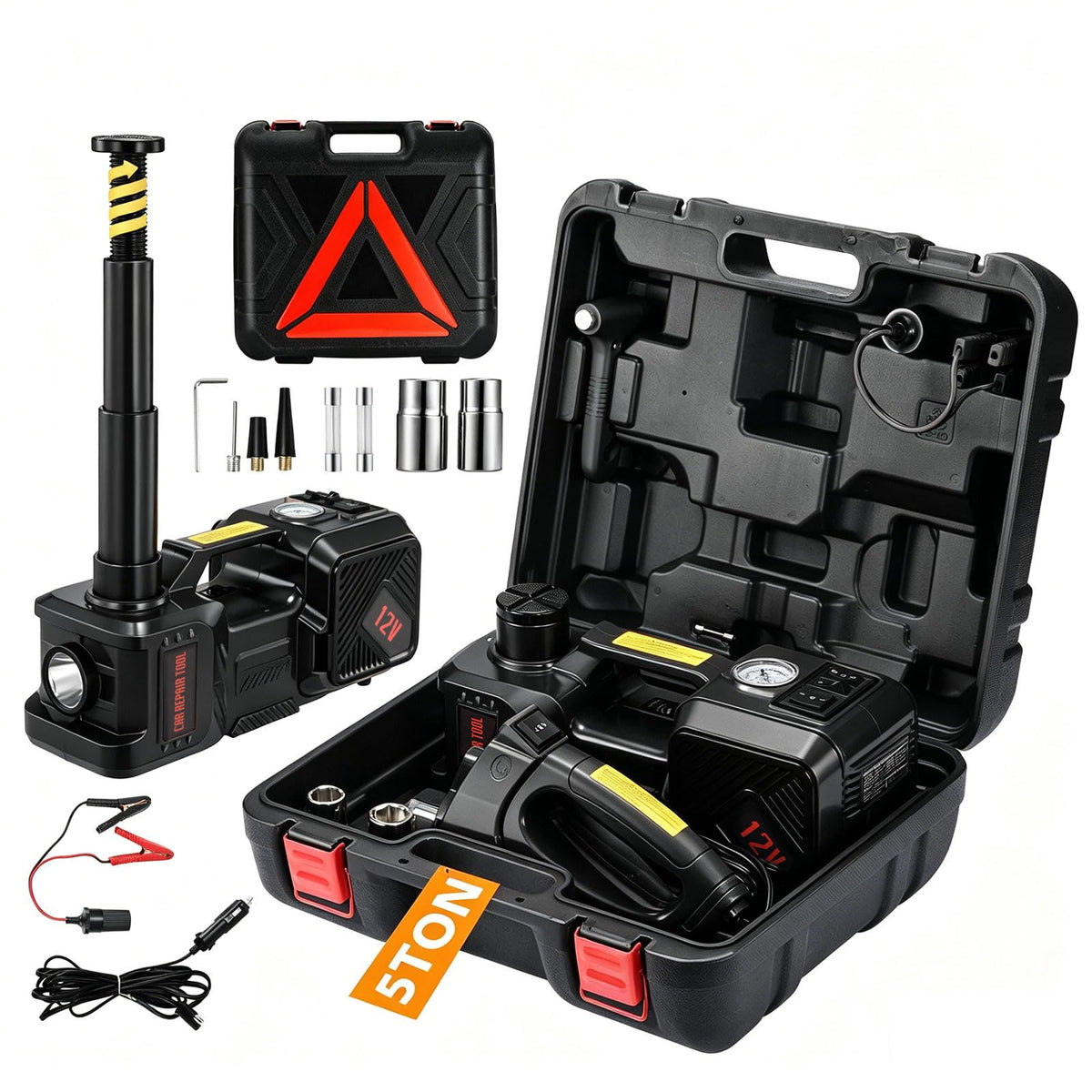 TYAYT electric car jack kit front view showing complete kit and organization benefits
