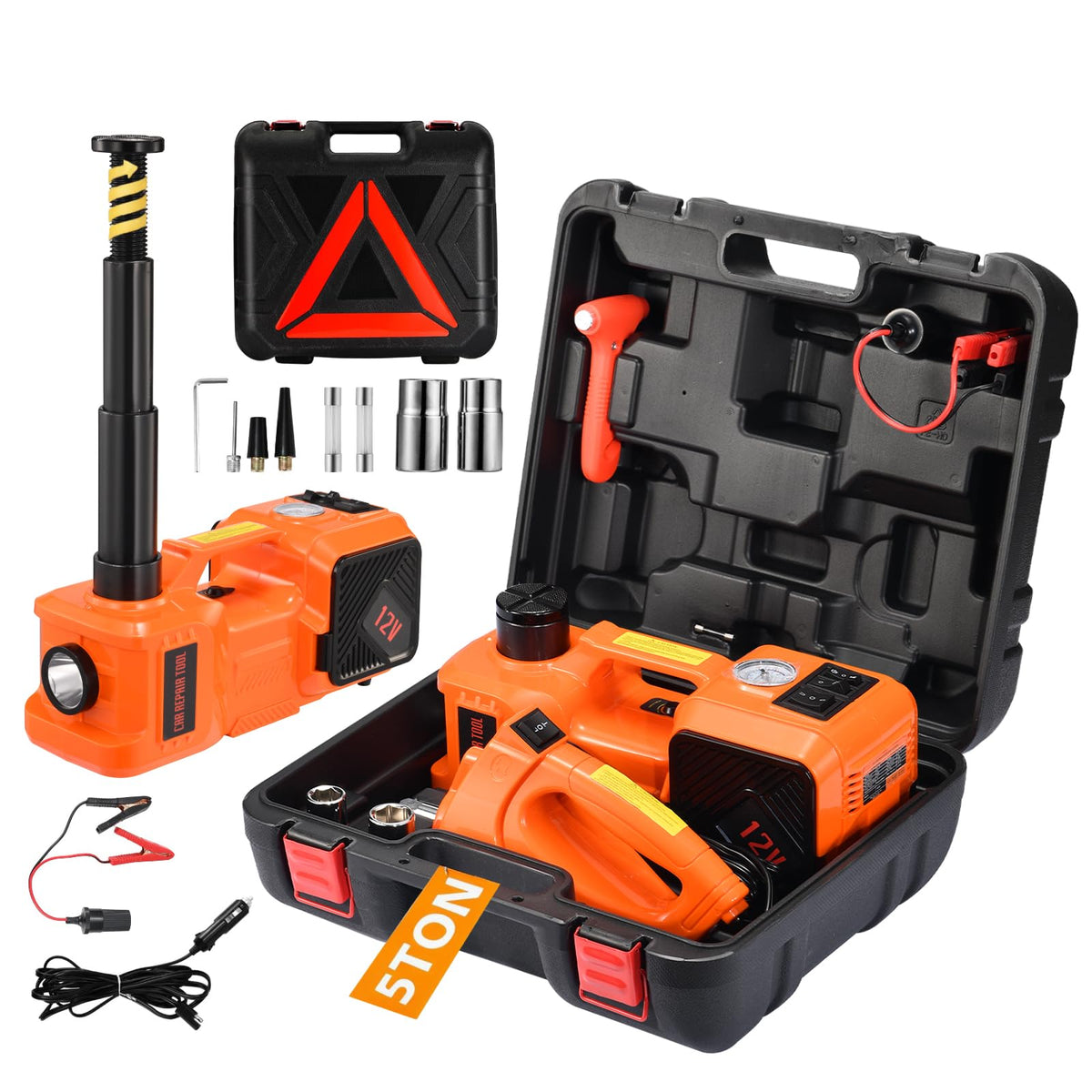 TYAYT front packaging of 5-in-1 electric car jack kit showing contents and benefits