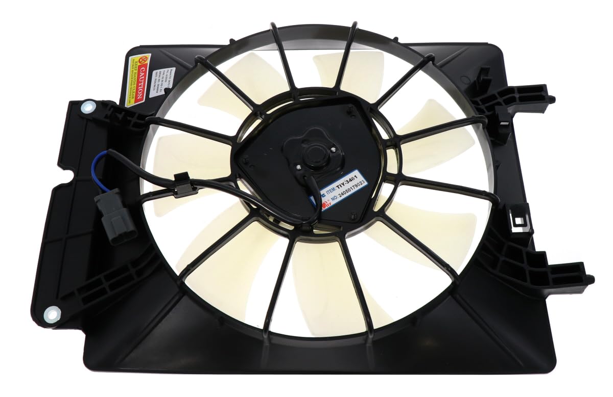 TYC front view assembly showing complete fan, clear OE-fit benefits