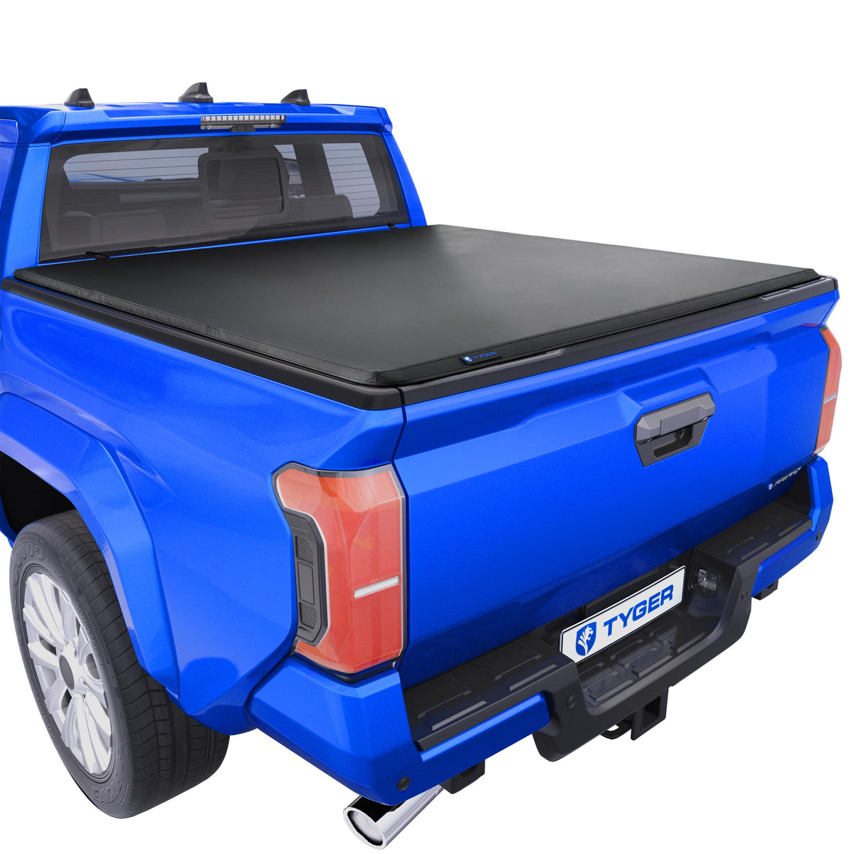 Tyger Auto front view of trifold cover installed on Tacoma showing neat fit and bed protection