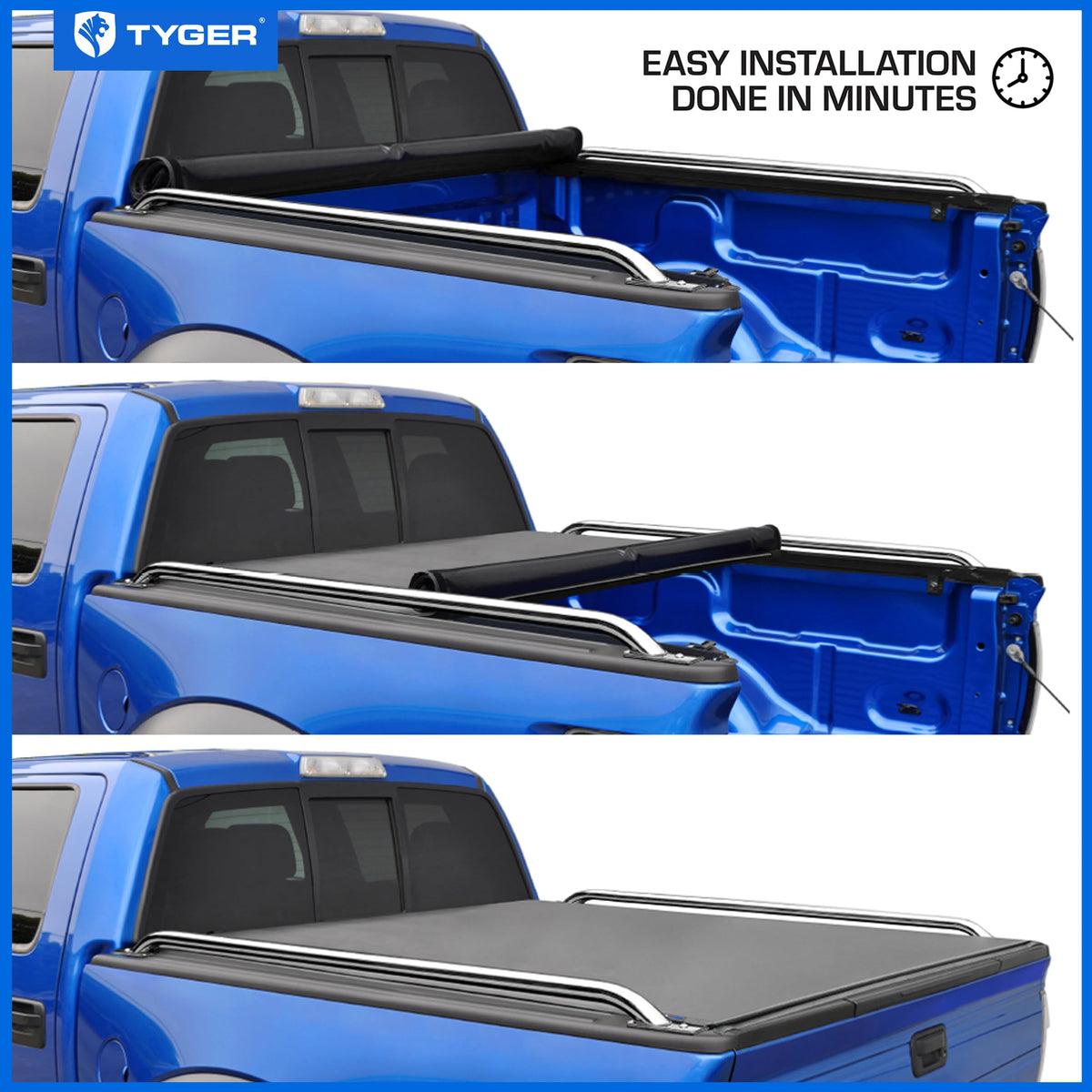 Tyger Auto rolled-up T2 showing full bed access and quick cargo retrieval benefit