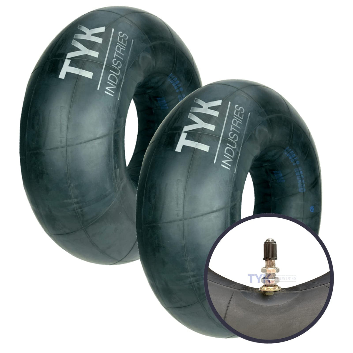 TYK Industries front packaging showing two 26x8-12 inner tubes and warranty benefits