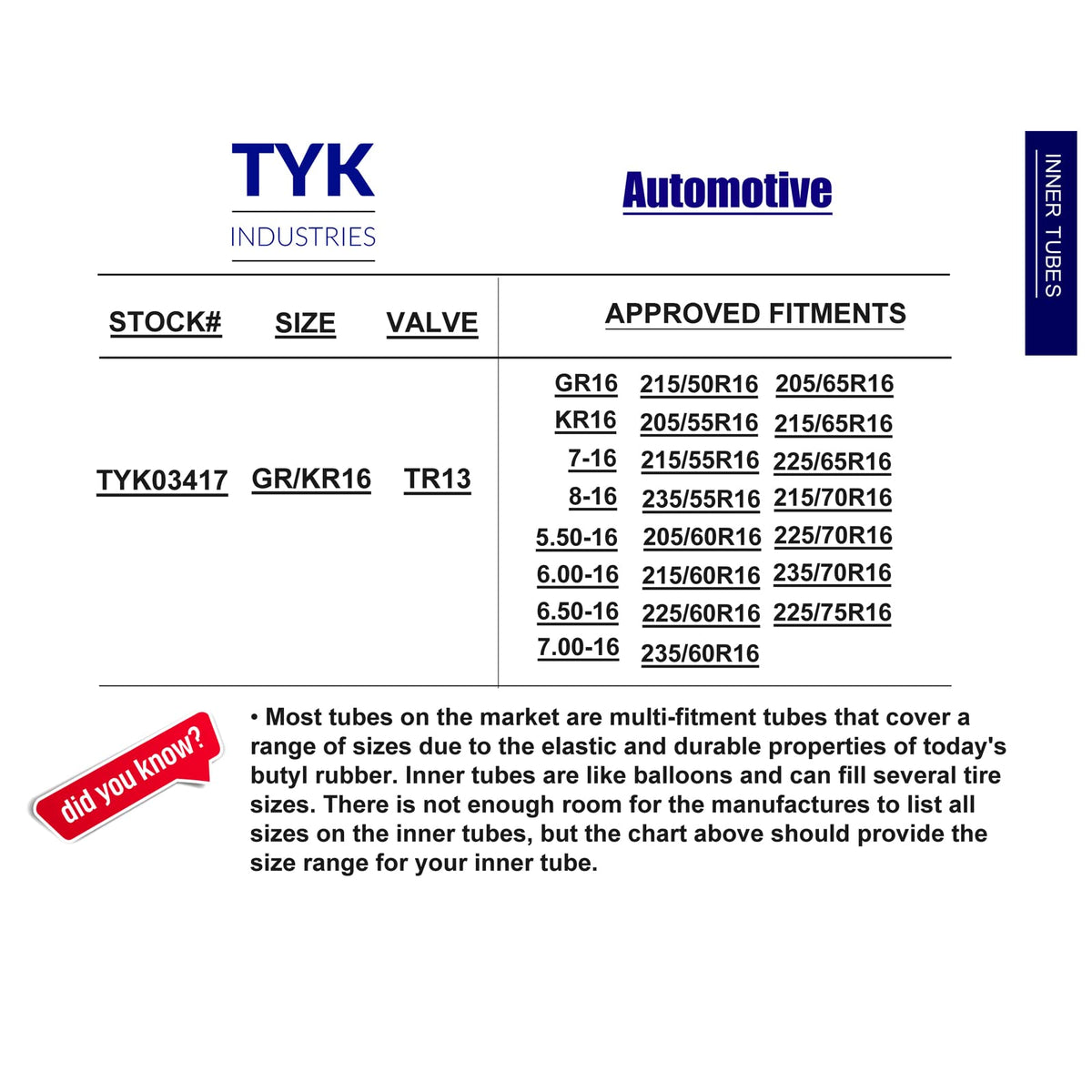TYK Industries tube installed inside a 16-inch tire demonstrating compatibility
