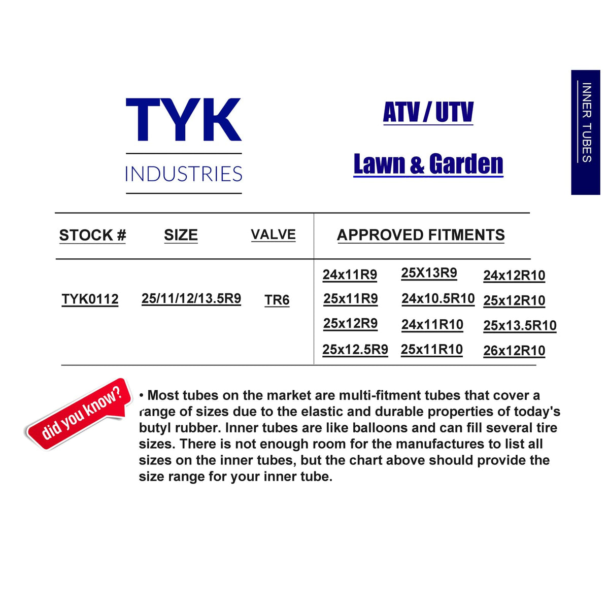 TYK Industries inner tube mounted on an ATV wheel showing fit and ready-to-use benefit