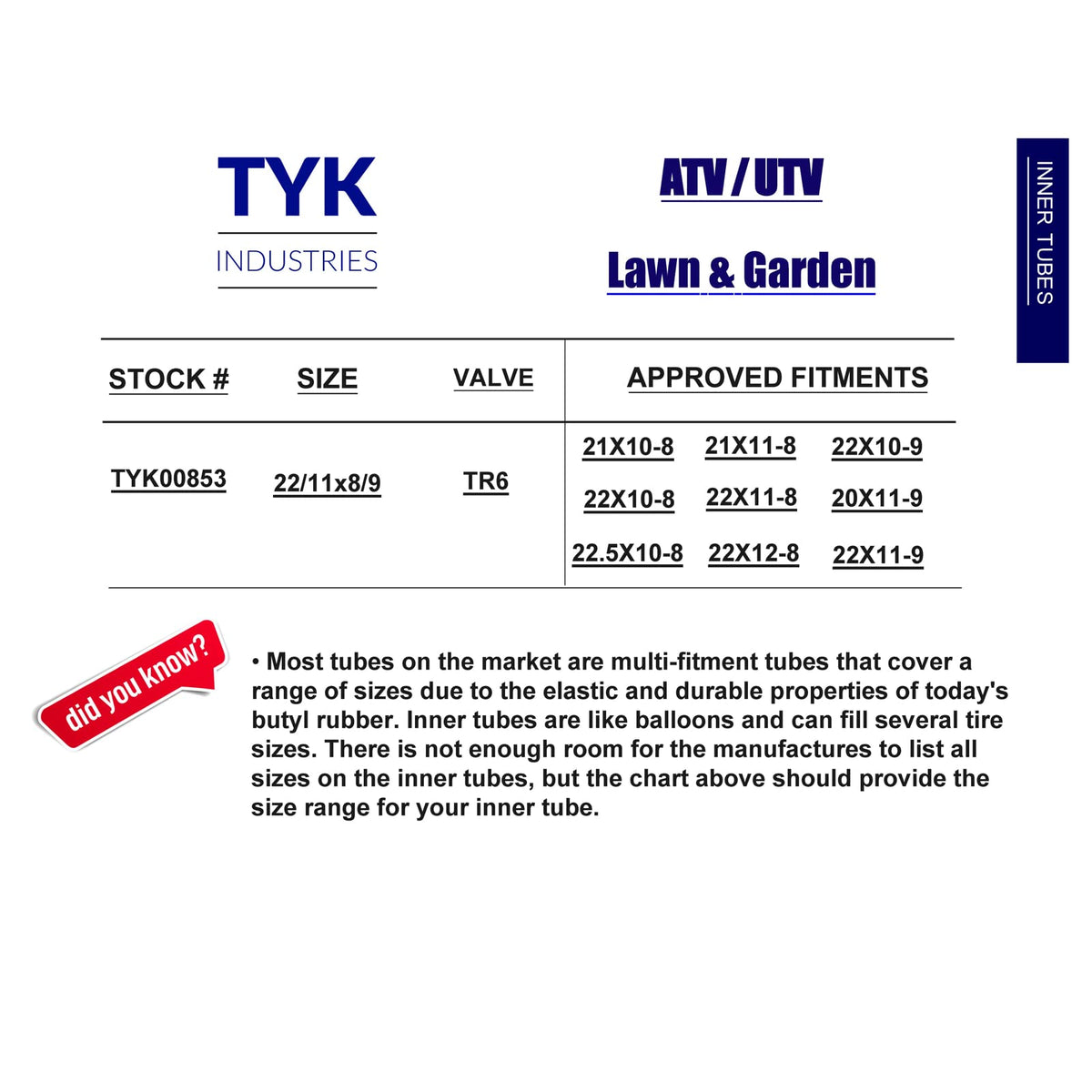 TYK Industries tube installed on a John Deere Gator wheel showing reliable fit benefit