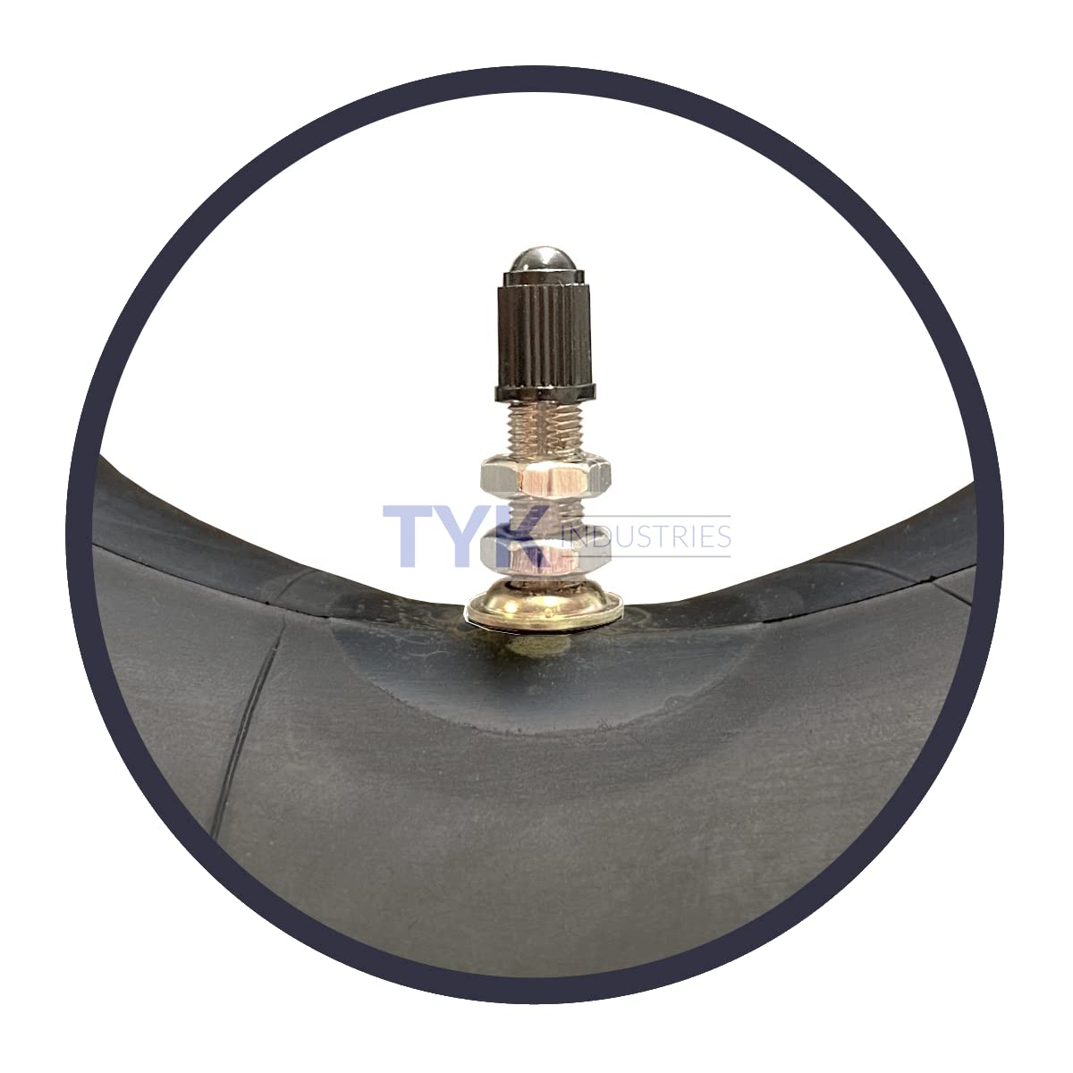 TYK Industries close-up of straight metal TR6 valve stem and secure seal benefit