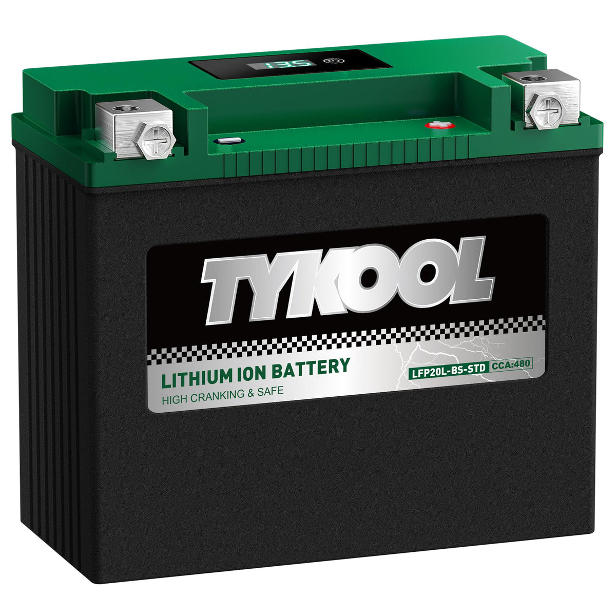 TYKOOL close-up of digital readout displaying voltage and state-of-charge