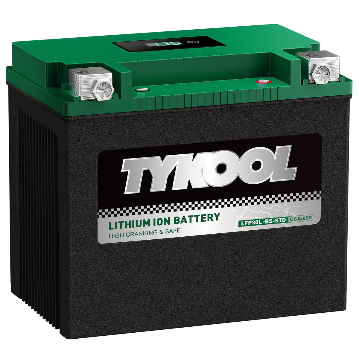 TYKOOL closeup digital readout LCD displaying voltage and SOC for easy monitoring