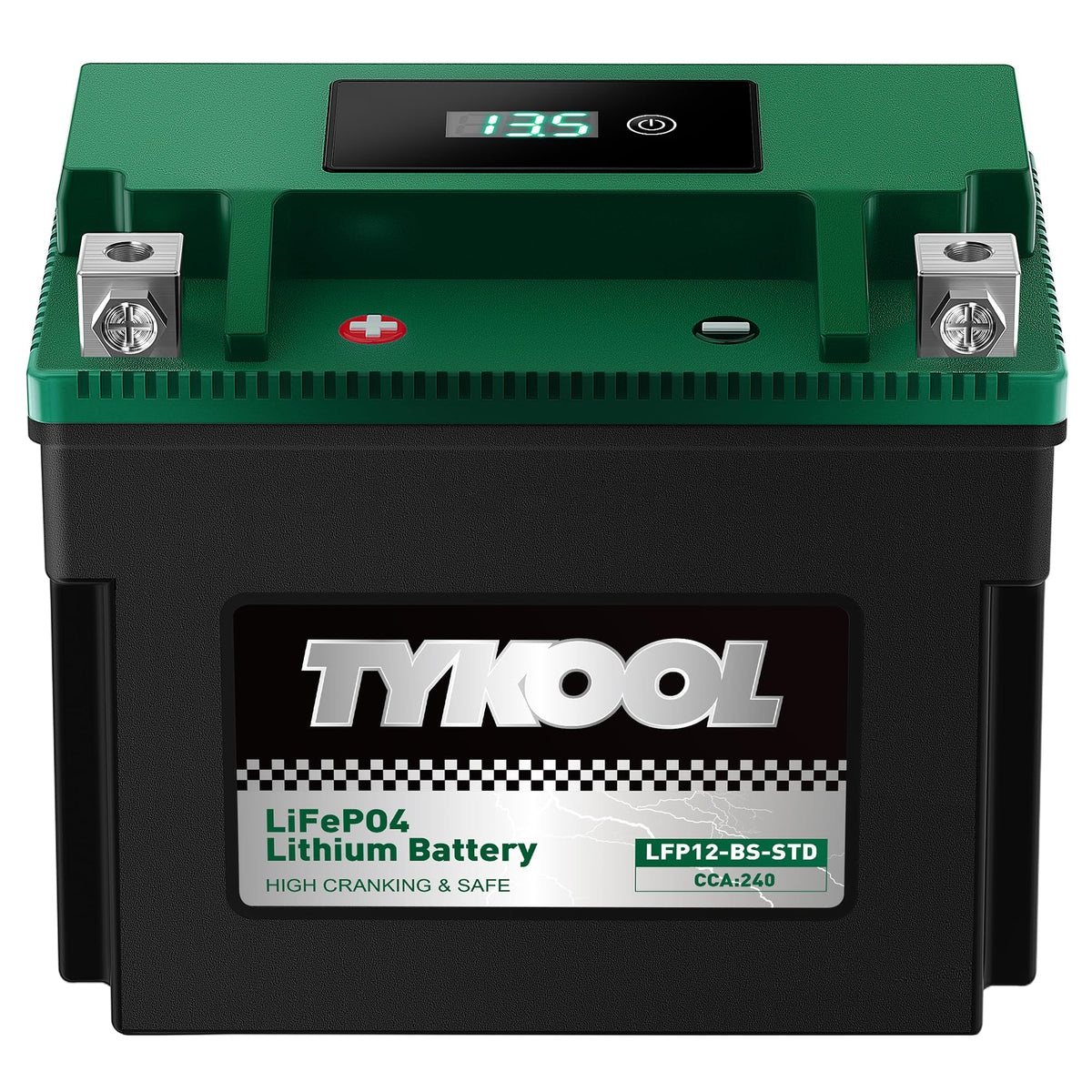 TYKOOL front view of YTX12-BS battery showing compact lightweight design and immediate install advantage