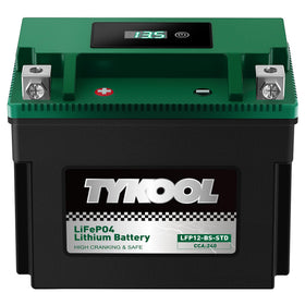 TYKOOL front view of YTX12-BS battery showing compact lightweight design and immediate install advantage