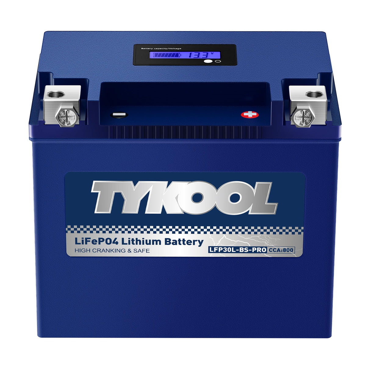 TYKOOL front view of battery showing compact rugged case and clear labeling benefits fitment