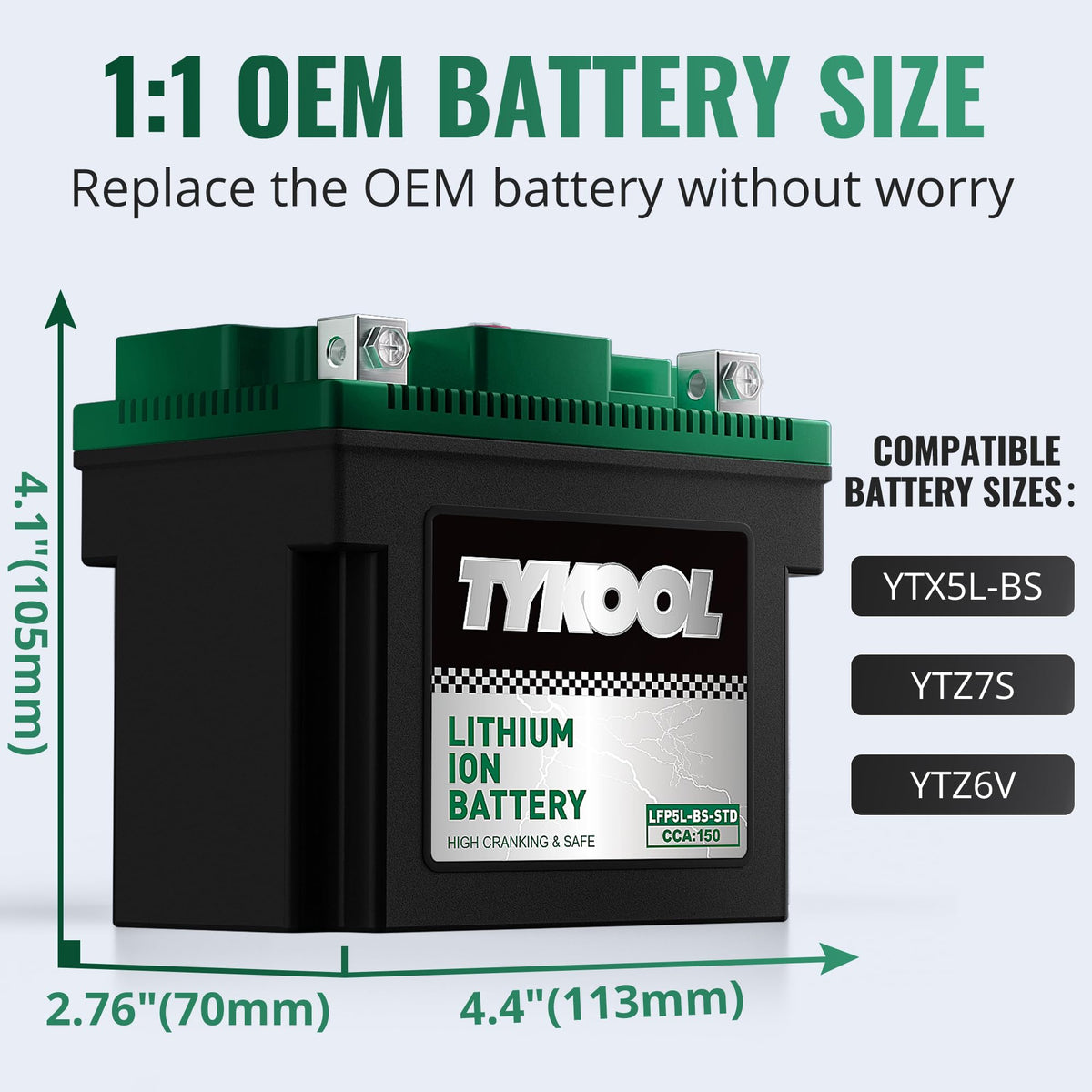 TYKOOL side view with dimensions visualized for correct YTX5L-BS replacement fit