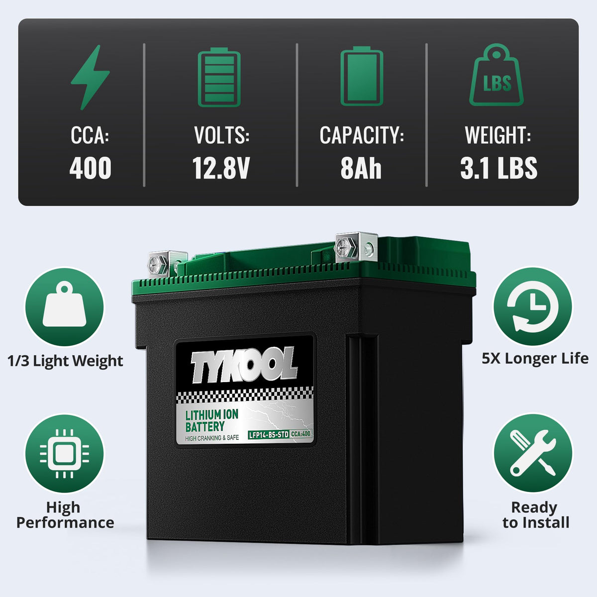 TYKOOL next to a scale showing 2.49 lb weight saving for better handling