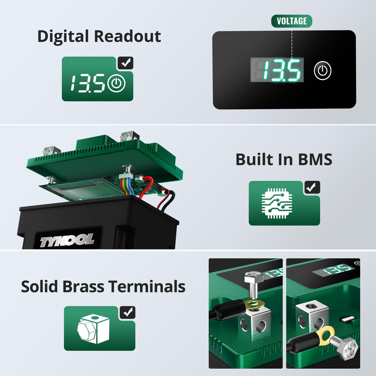 TYKOOL top terminals and polarity marking for safe, correct installation benefit