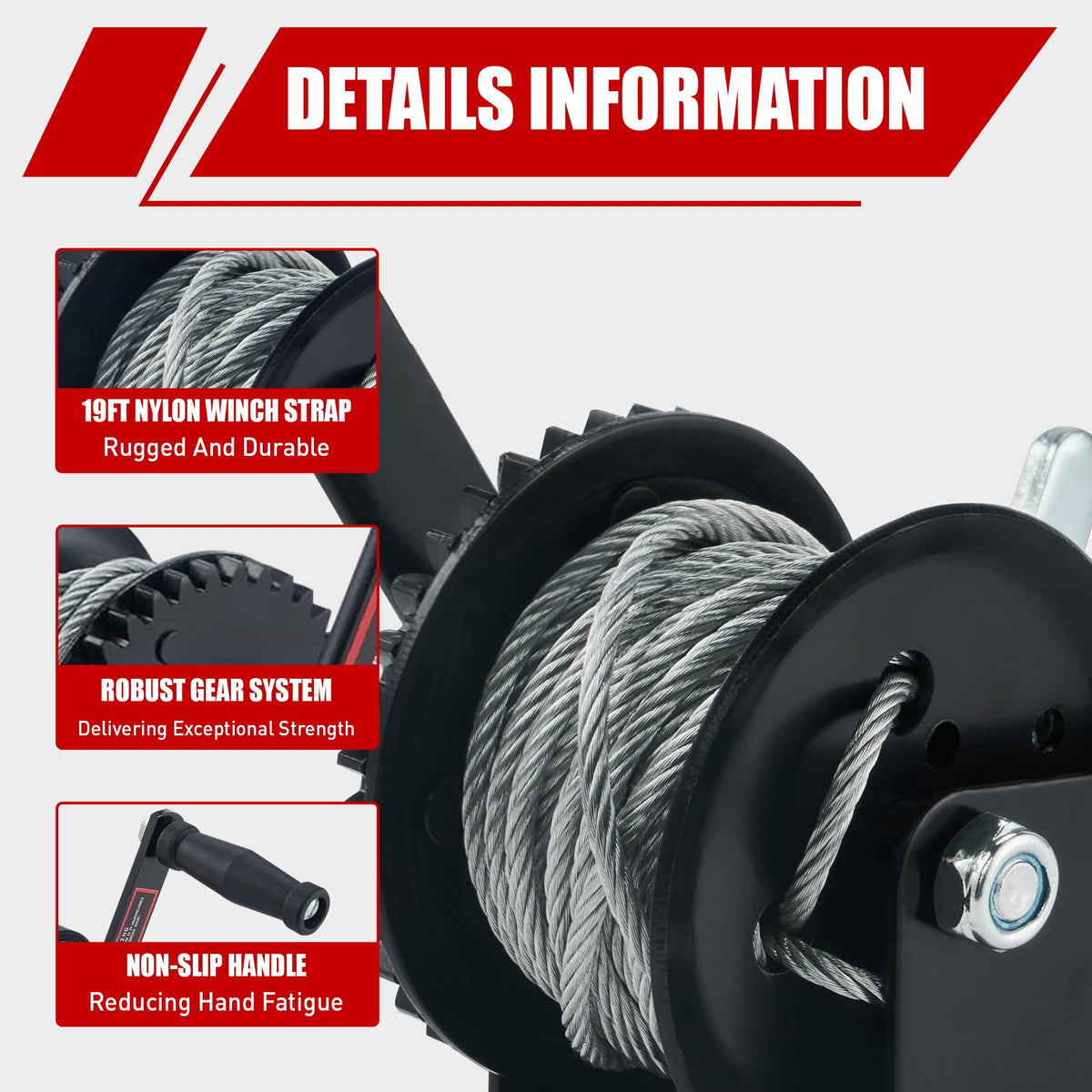 TYT steel cable spool detail showing 6m wire for secure pulls