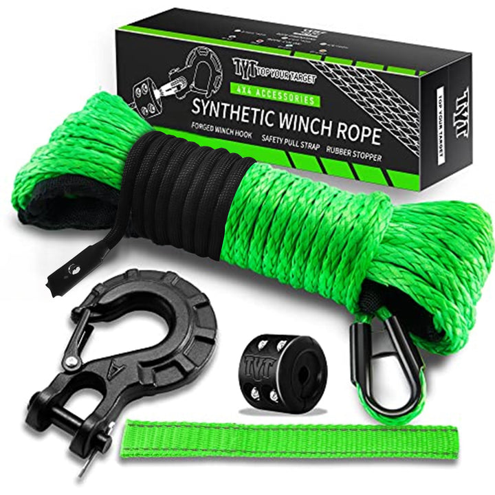 TYT front packaging showing complete winch rope kit and included parts for quick setup