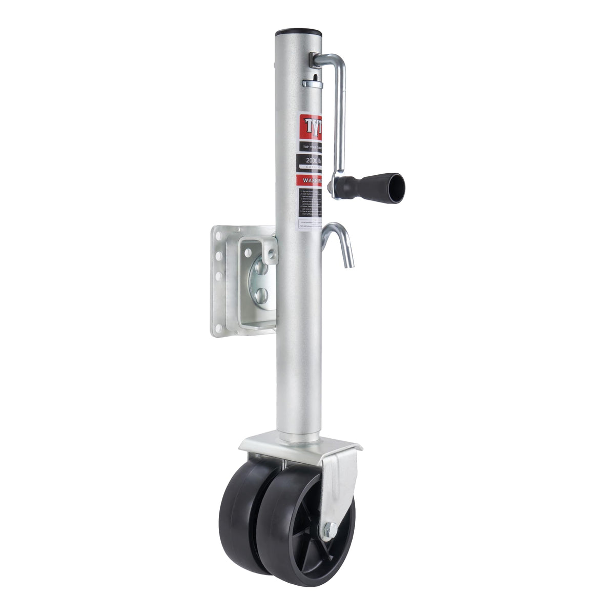 TYT trailer jack front view showing stable base and wheels for easier maneuvering