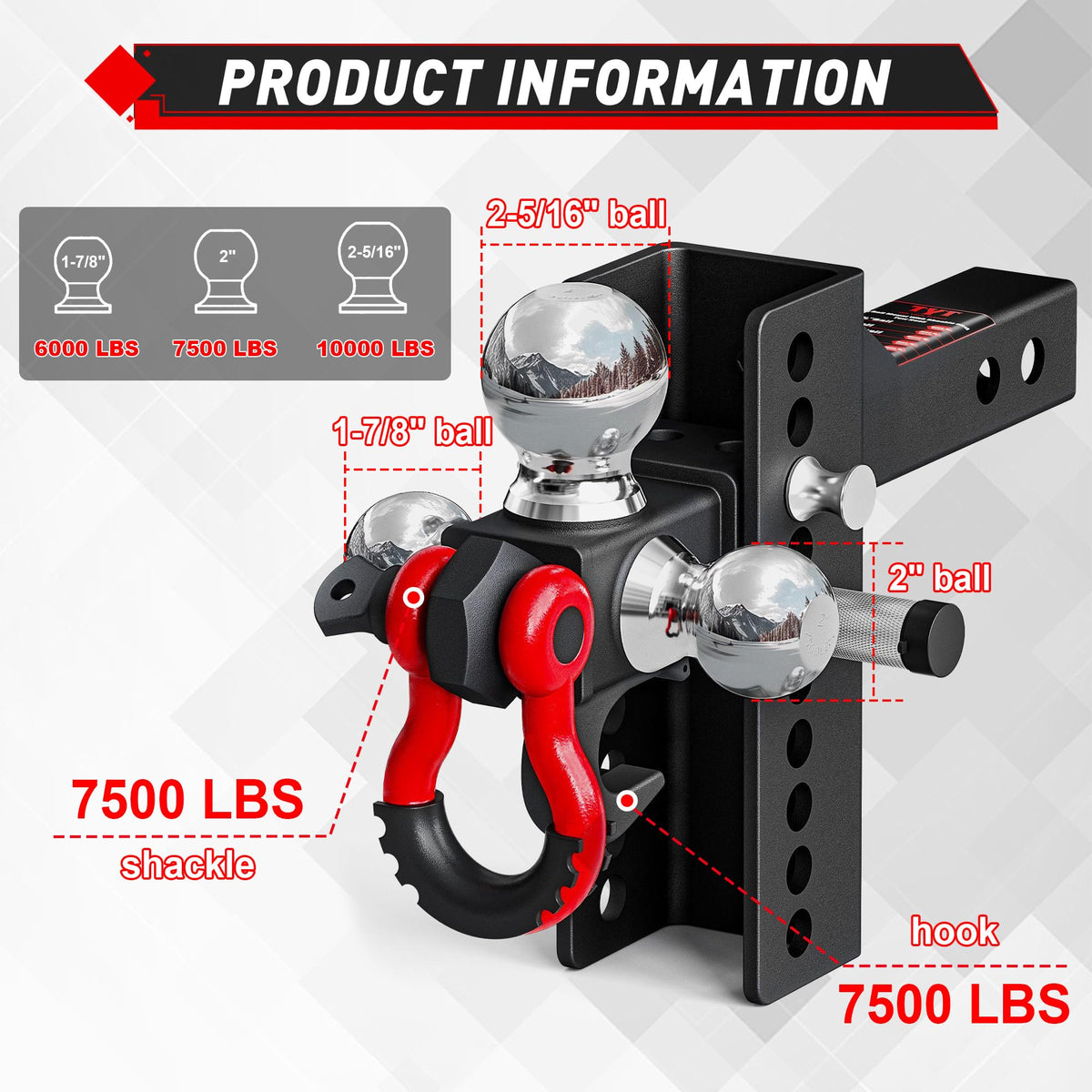 TYT image of adjustable hitch mechanism showing 4.5 inch rise and drop for level towing