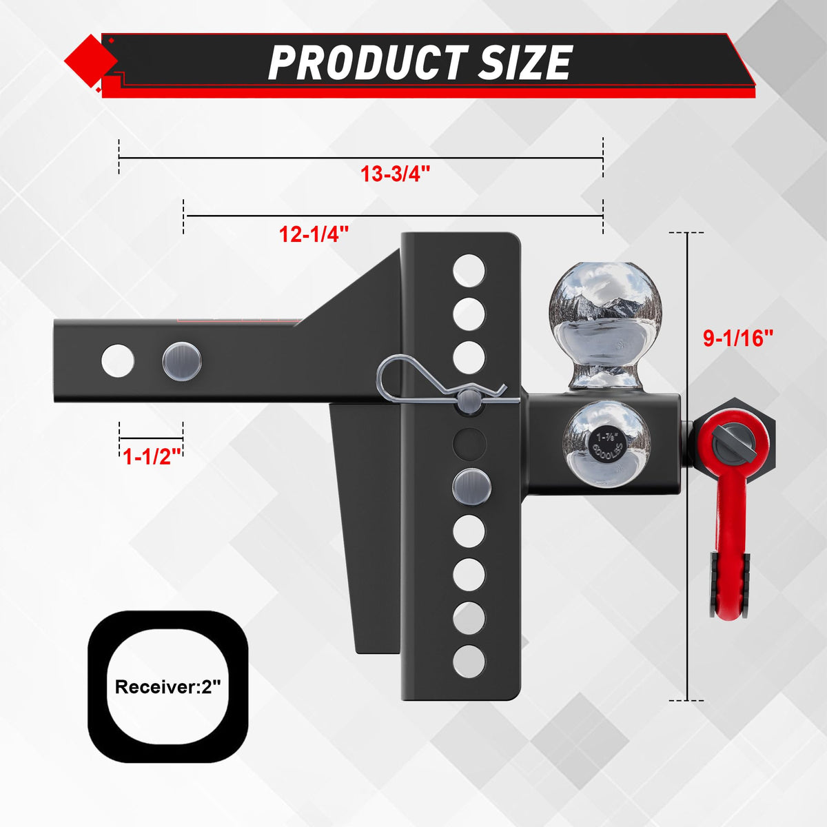 TYT hitch ball closeup highlighting chrome finish and clear size markings for corrosion resistance
