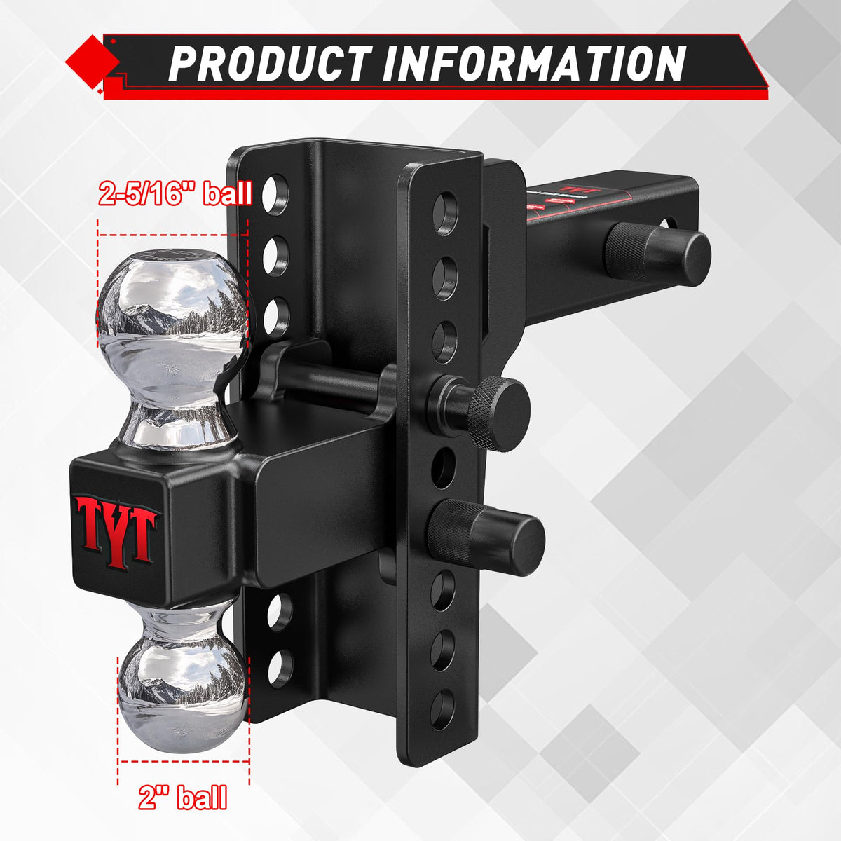 TYT side profile highlighting 6-inch drop and rise adjustment points for level towing