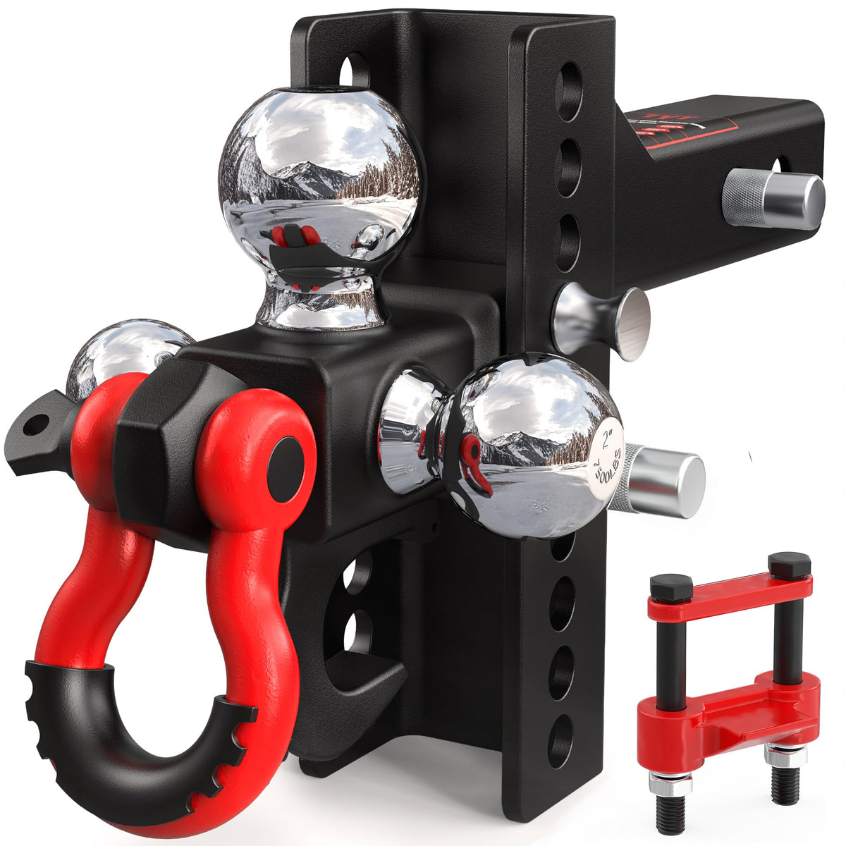 TYT front view of tri-ball hitch showing three ball options and receiver fit for versatile towing