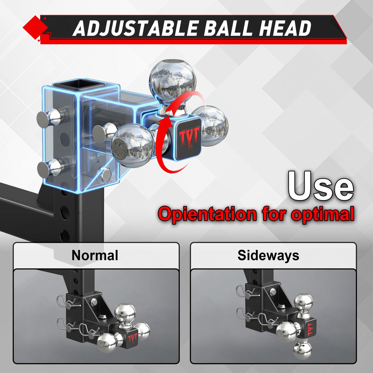 TYT hitch pin lock detail showing included theft-deterrent hardware advantage