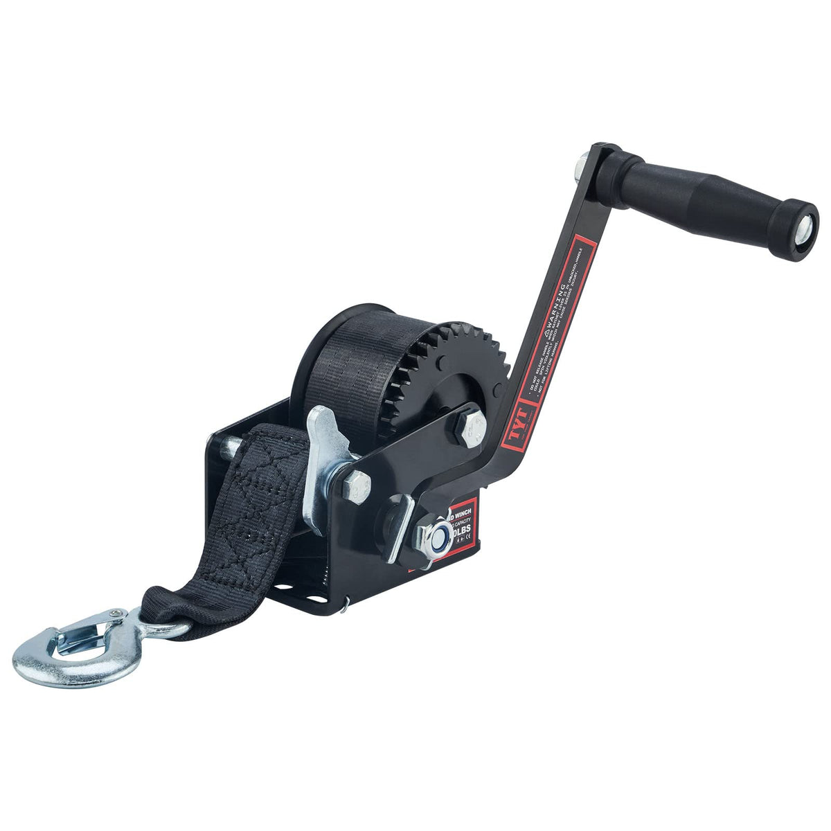 TYT winch front view showing compact black housing and mounting base, durable choice
