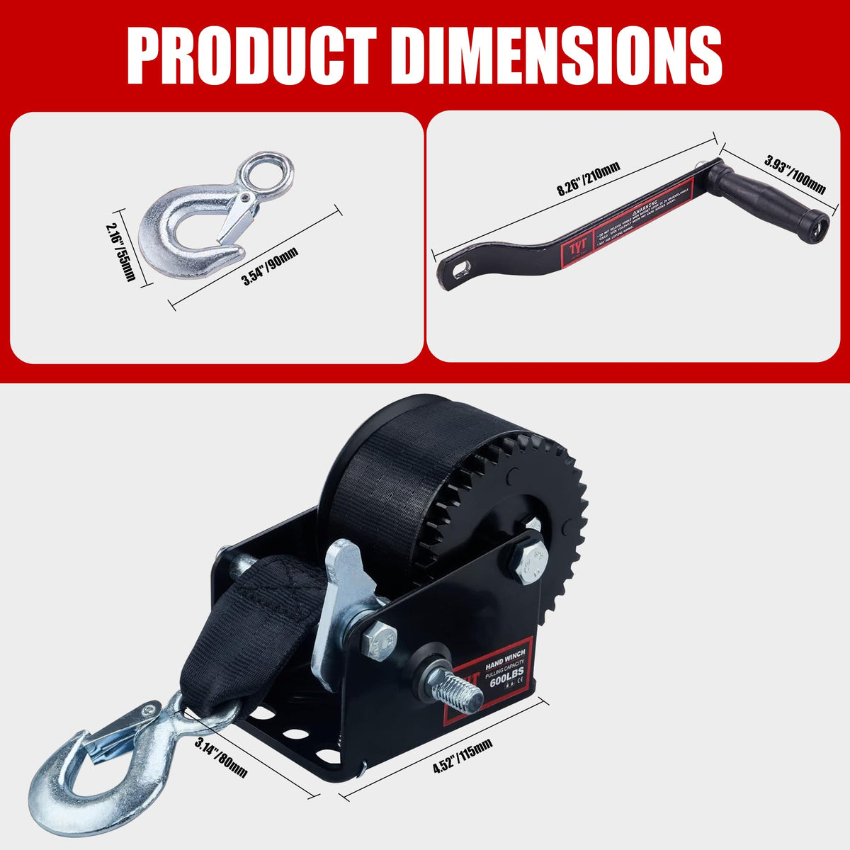 TYT winch next to ruler for scale to show compact footprint and space-saving design