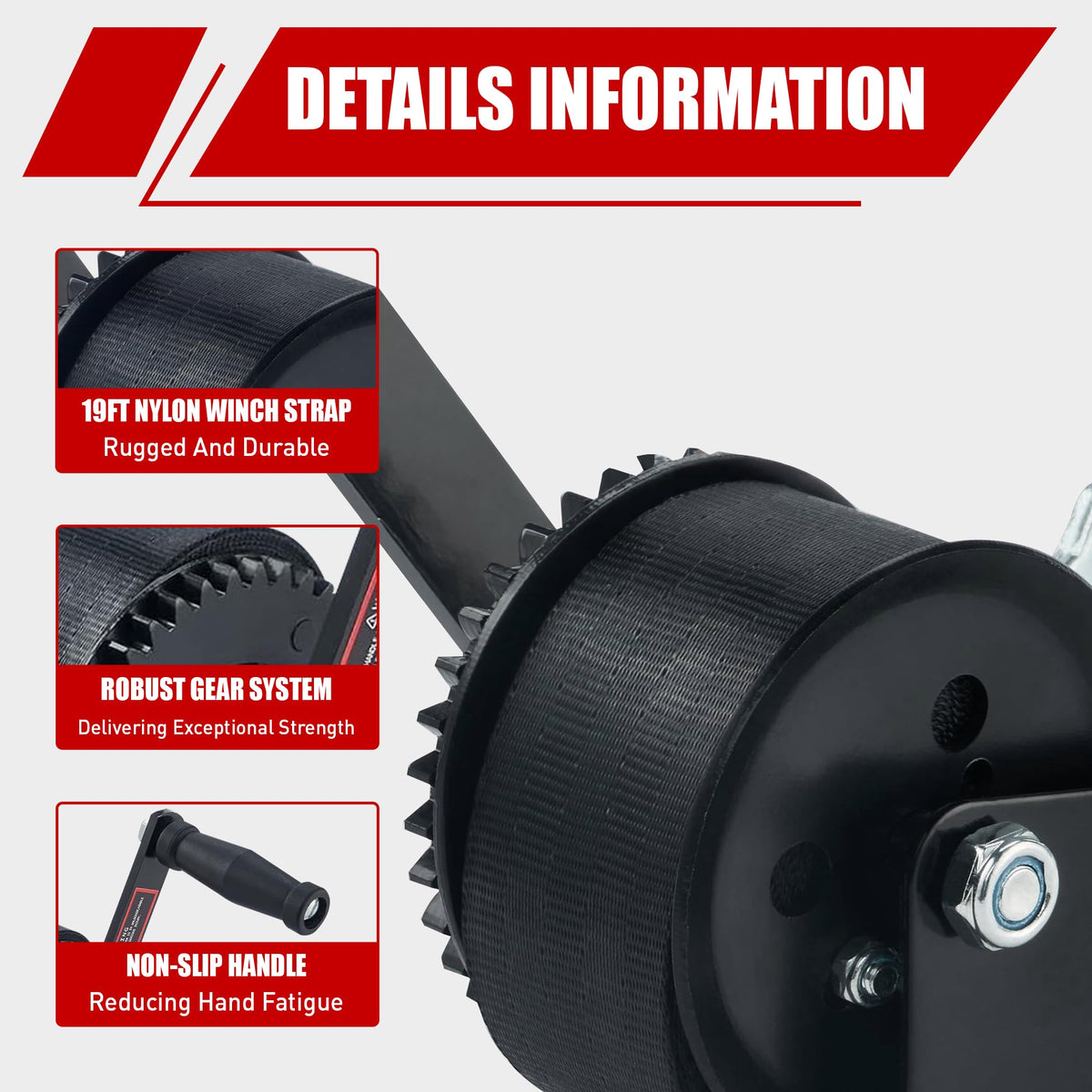 TYT polyester strap detail showing 6m black webbing for secure hauling
