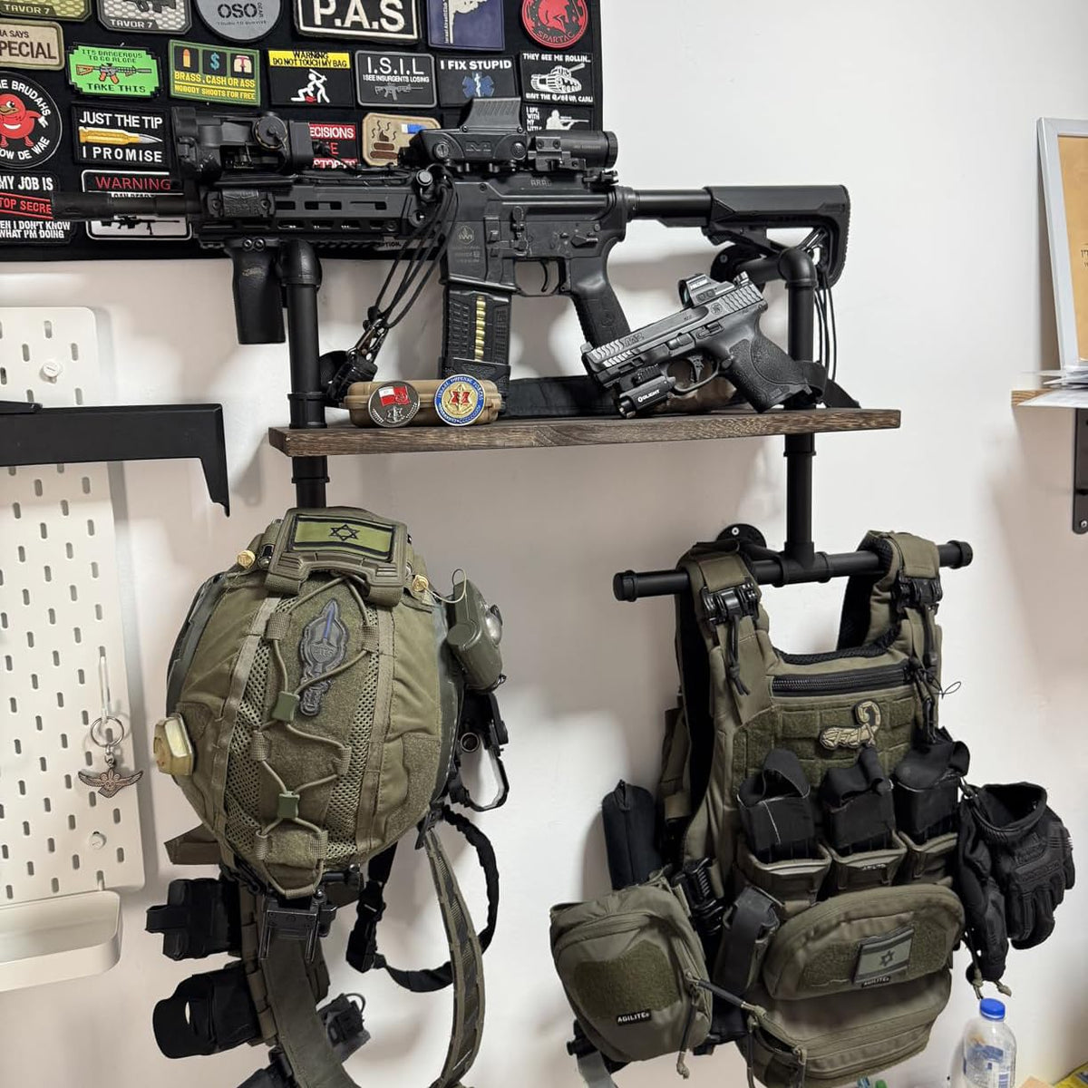 TYTAMMON rack holding motorcycle jacket, helmet and vest demonstrating space-saving benefit