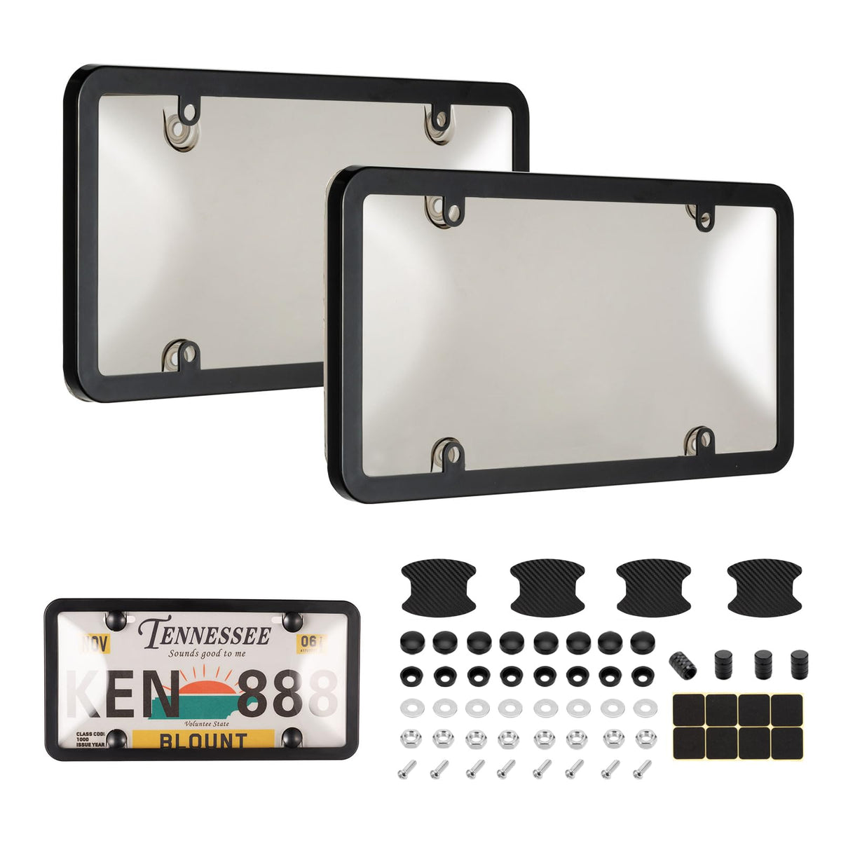 Tzuoen front view clear license plate frame showing polished protection benefit