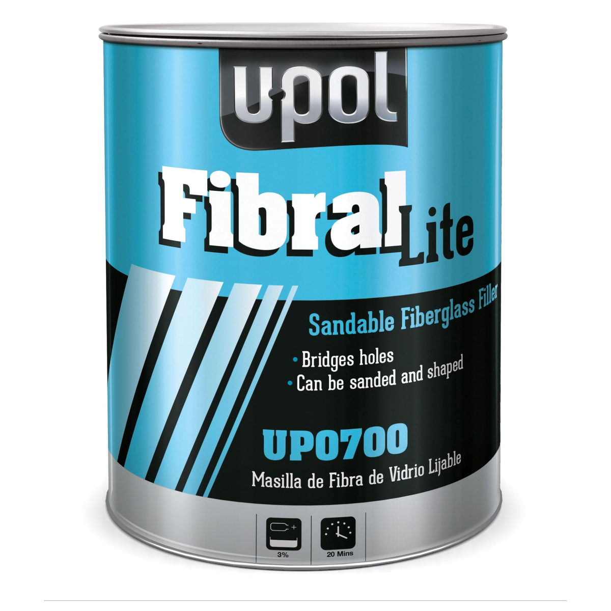 U-POL 0700 fiberglass filler front packaging showing kit and capacity benefit